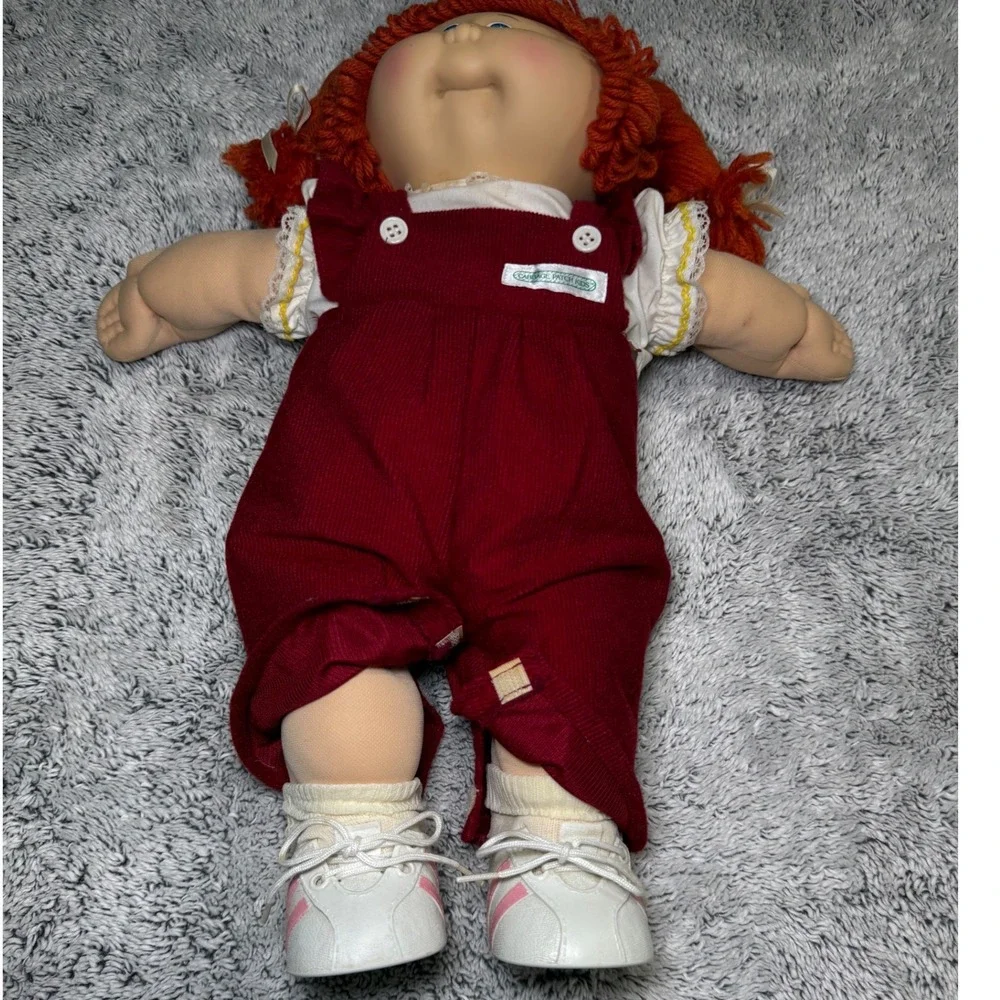 Cabbage Patch Kids Vtg Girl Doll Red Yarn Hair Blue Eyes Red Corduroy Overalls